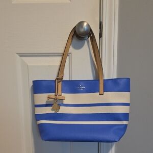 kate spade Blue and Cream Striped Tote with Tan Handles